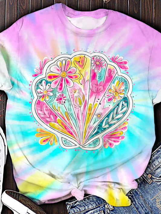 Boho Floral Clam Shell Crew Neck T-shirt