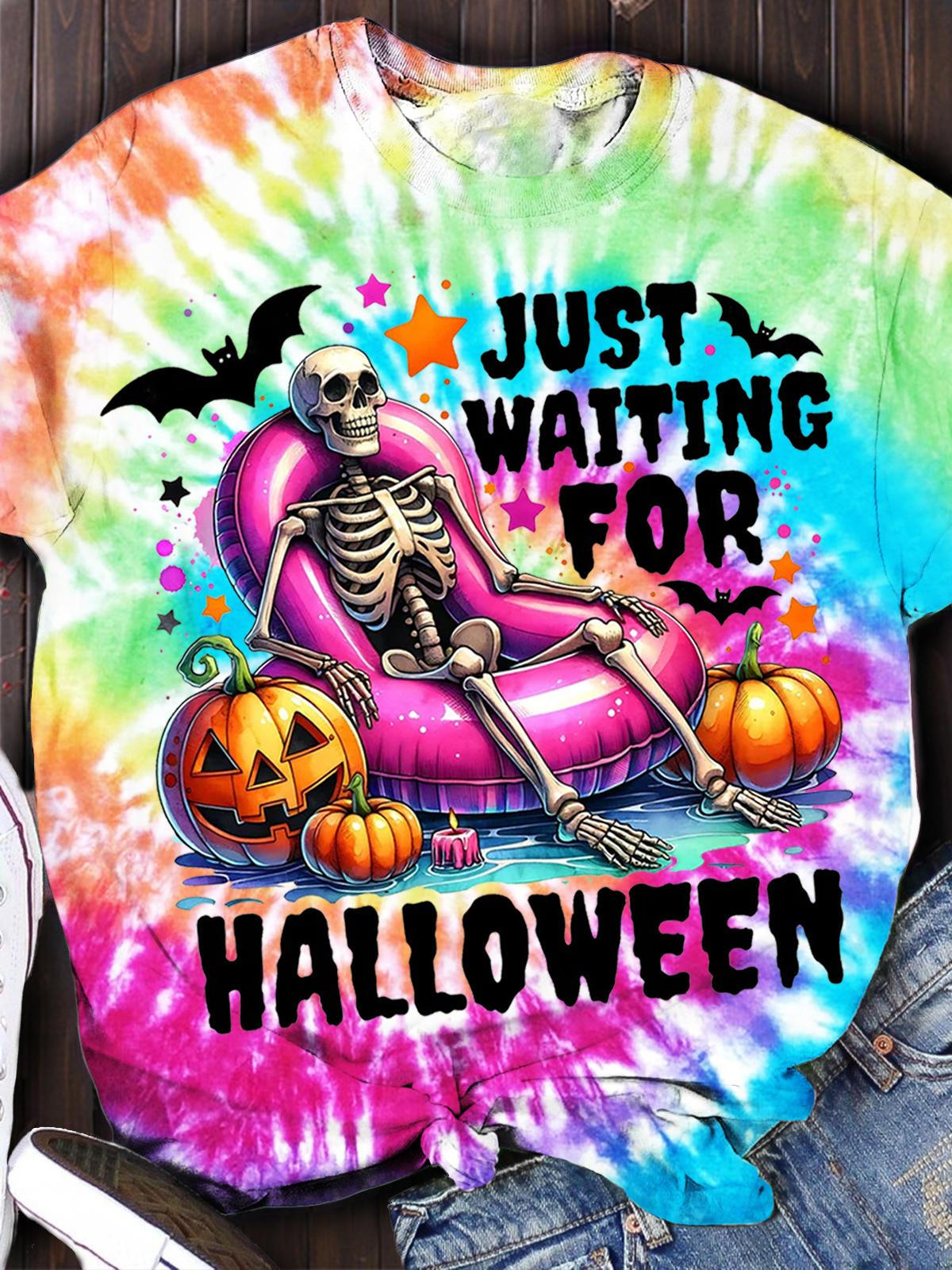 Just Waiting For Halloween Print Crew Neck T-shirt