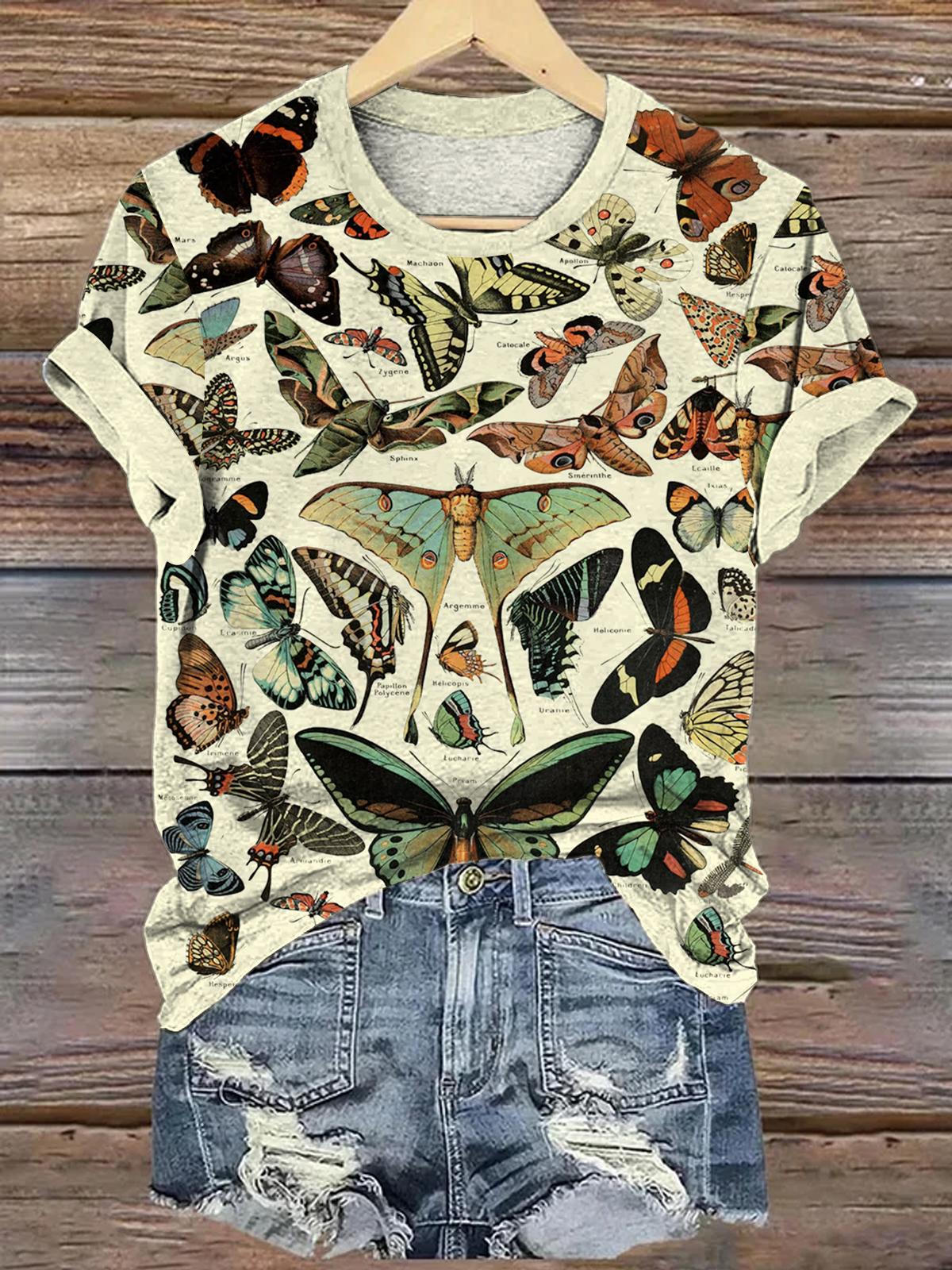 Vintage Butterfly Printed Crew Neck T-shirt