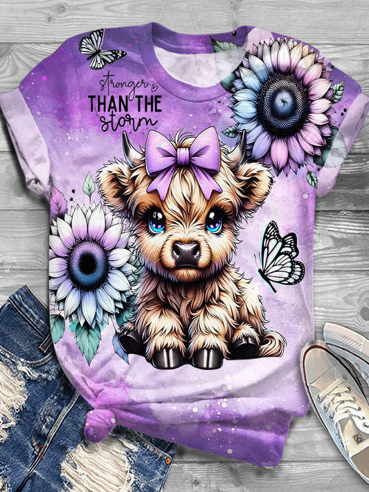 Flower Sunflower Highland Cow Crew Neck T-shirt