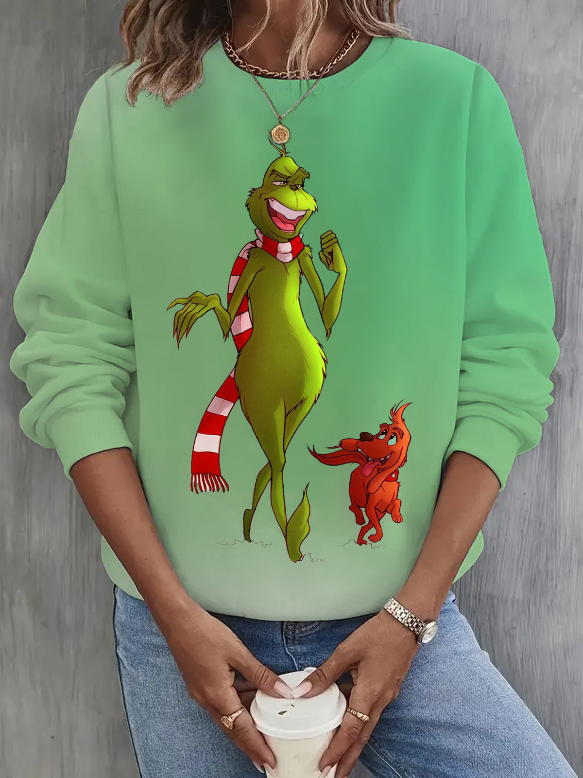 Happy Green Monster Squad Christmas Print Long Sleeve Top