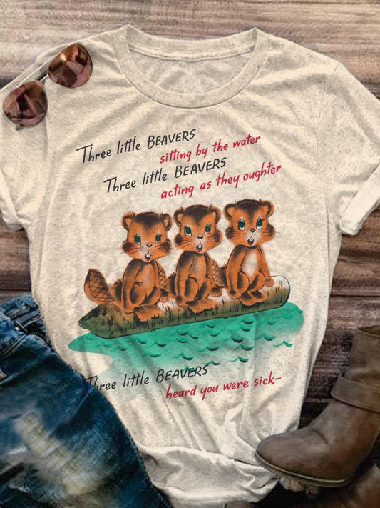 Three Little Beavers Sitting By The Water Vintage Print Casual T-shirt