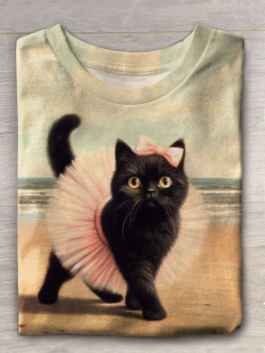 Women's Cute Cat Pink Miniskirt Retro Print Casual T-shirt