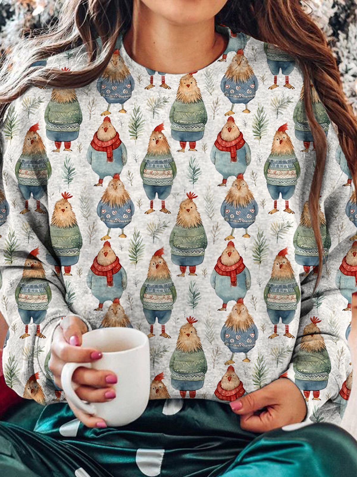 Women's Christmas Retro Chicken Round Neck Long Sleeve Top