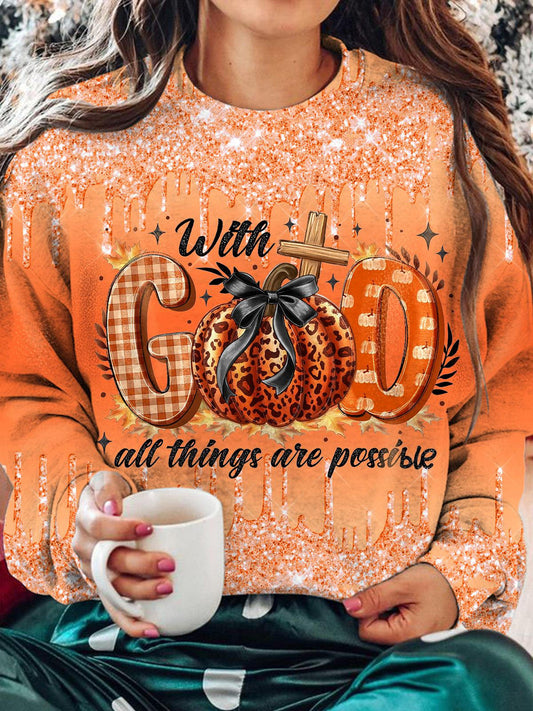 Women's God Halloween Pumpkin Gradient Print Casual Long Sleeve Top