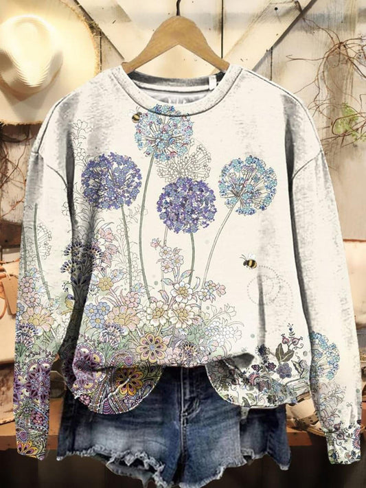 Plant Flowers Printed Long Sleeve Casual Top