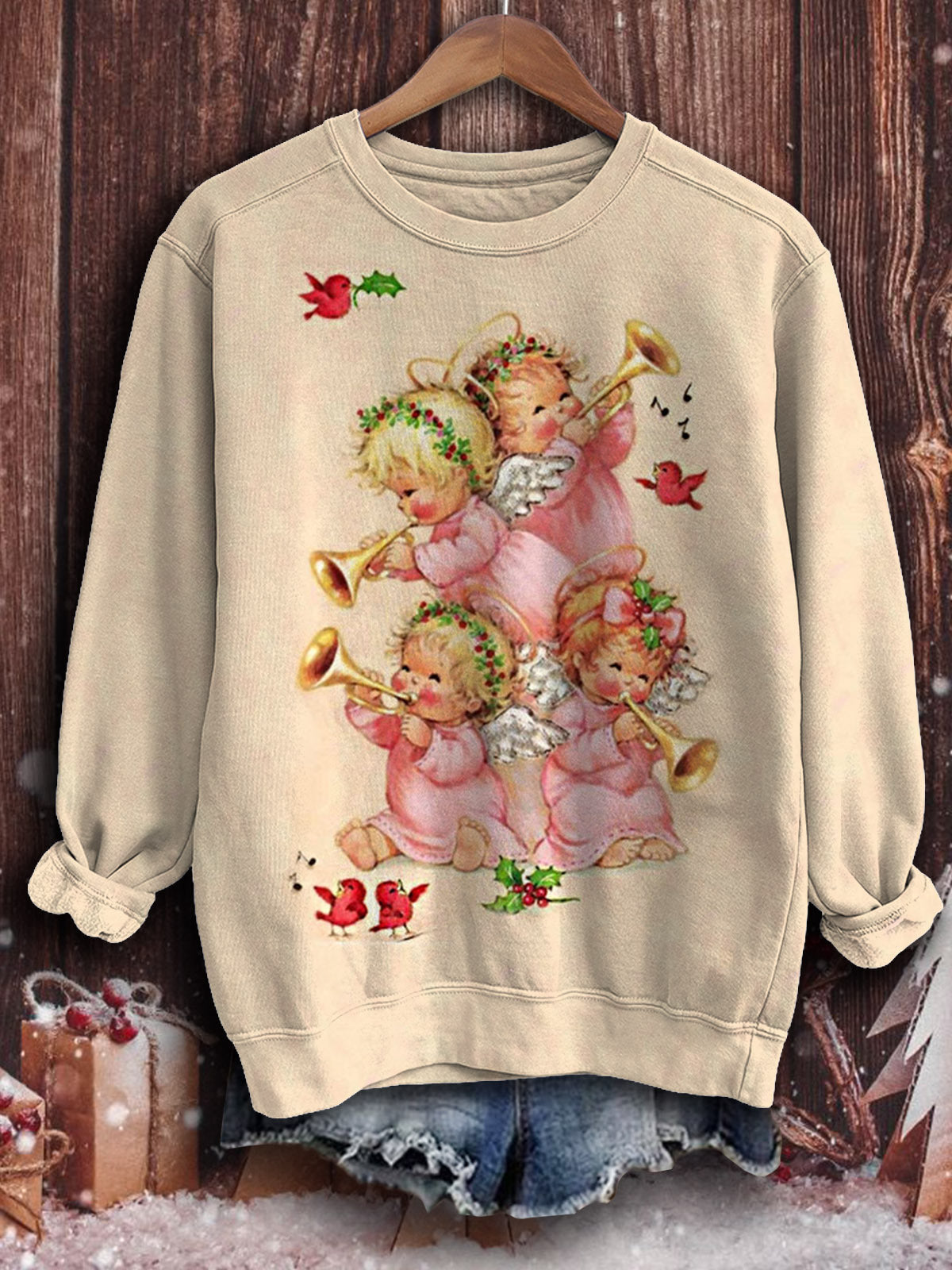 Women's Angel Christmas Music Print Long Sleeve Top