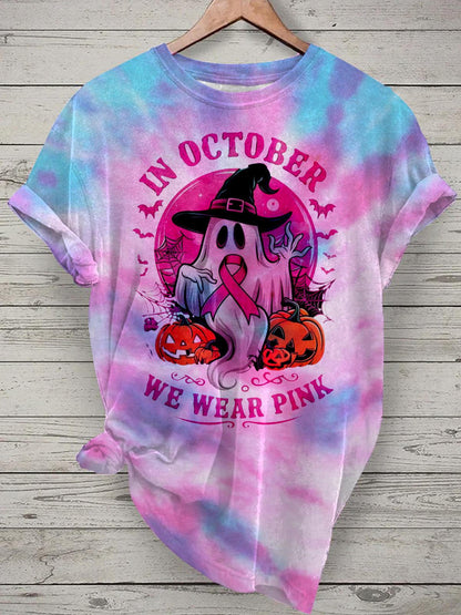 Ghost Boo Breast Cancer Halloween Crew Neck T-shirt