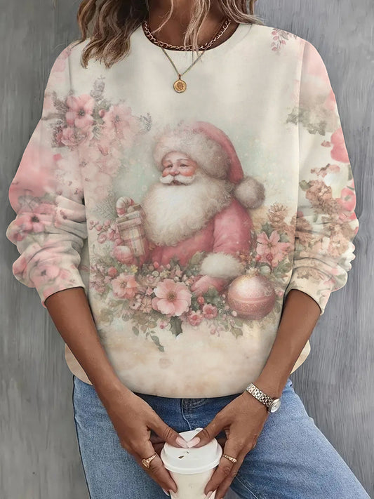 Vintage Santa Claus Pink Print Long Sleeve Casual Top