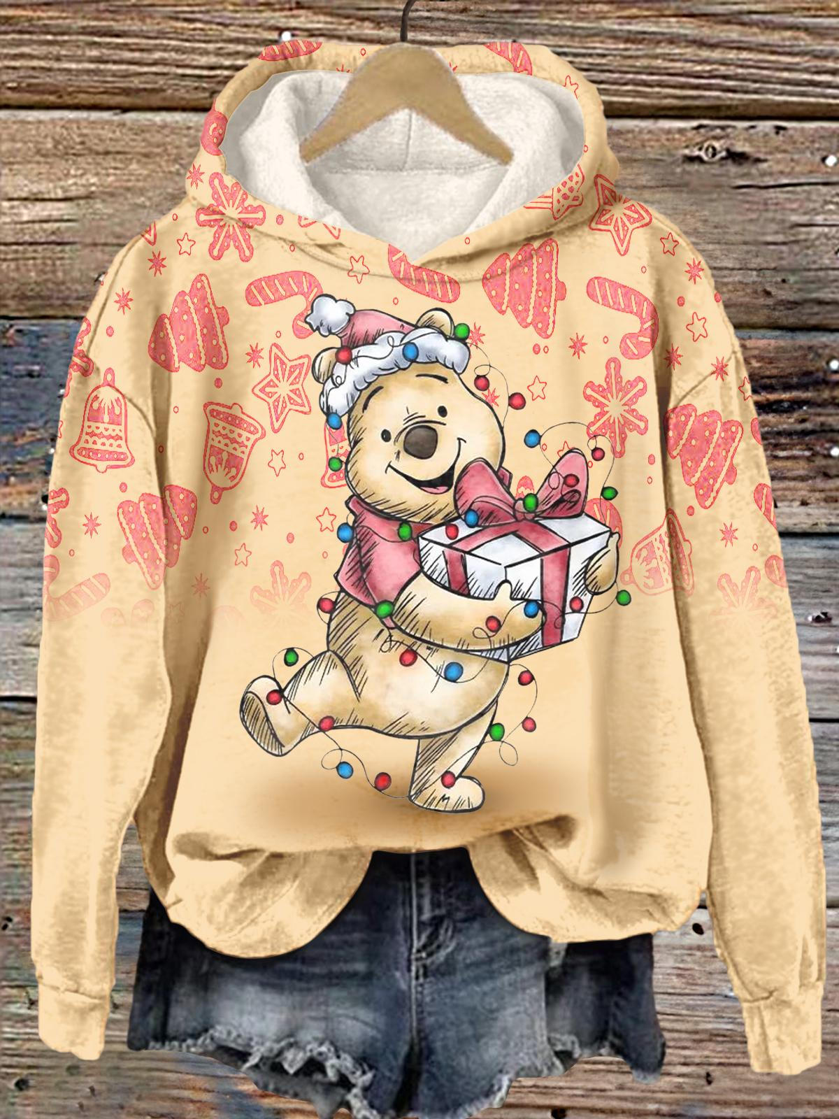 Yellow Bear Christmas Print Long Sleeve Printed Hoodie