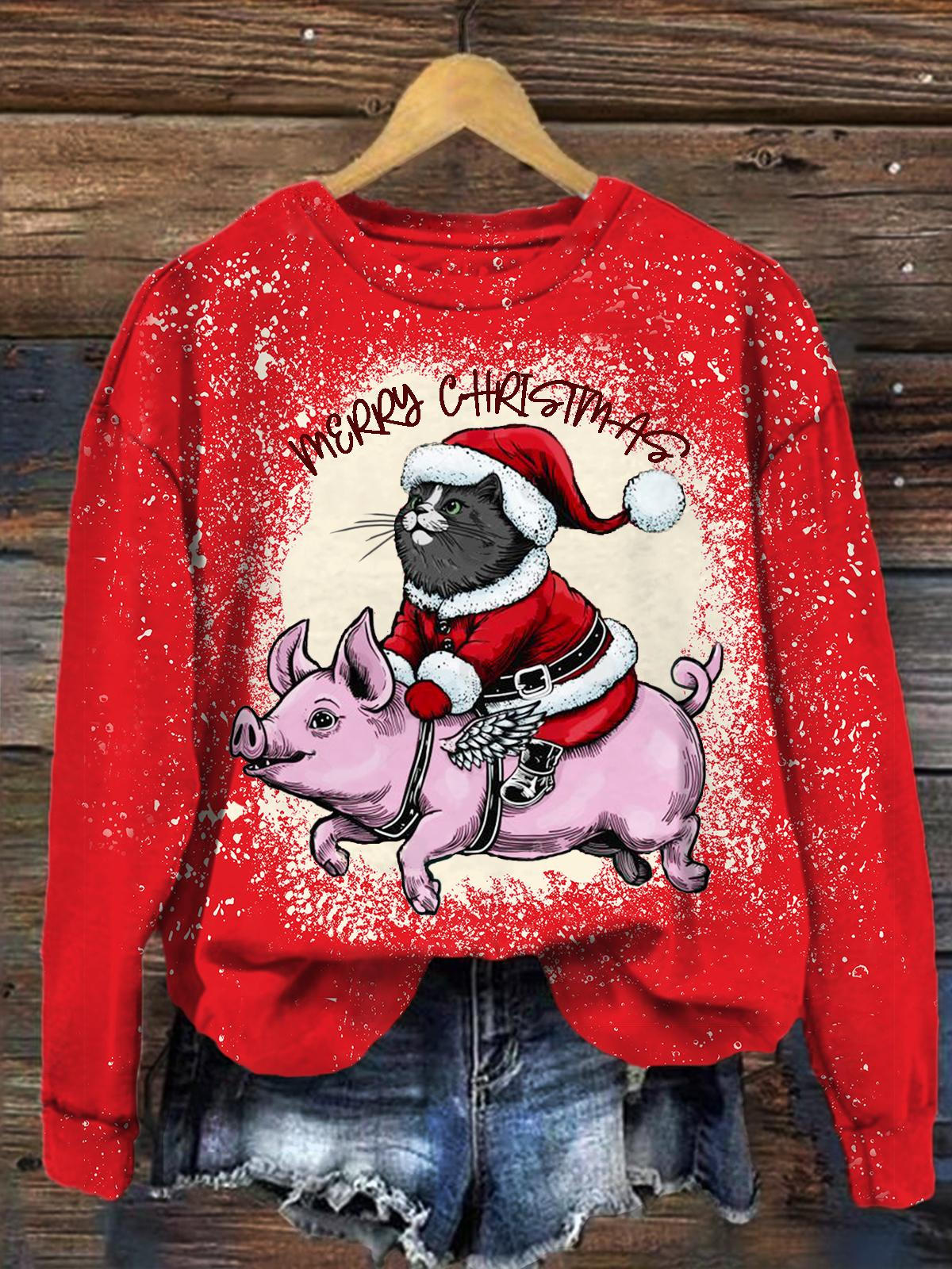 Women's Christmas Cat and Pig Fun Print Long Sleeve Top