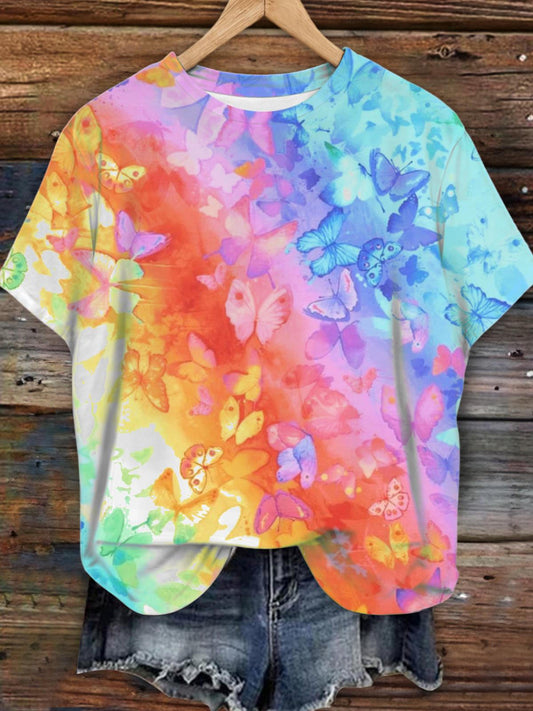 Women's Butterfly Gradient Tie-Dye Print Short Sleeve Crew Neck T-Shirt