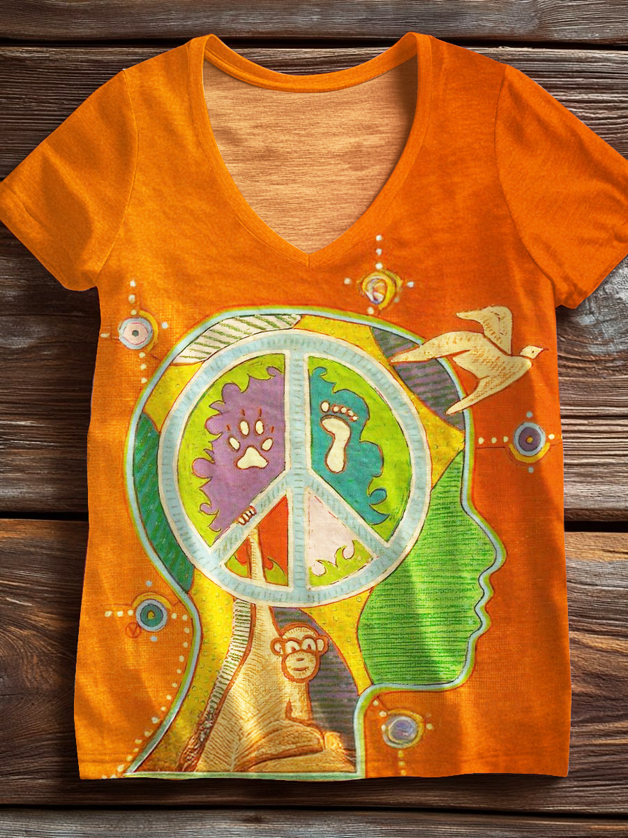 Colorful Hippie Peace Awareness Art V-neck T-Shirt