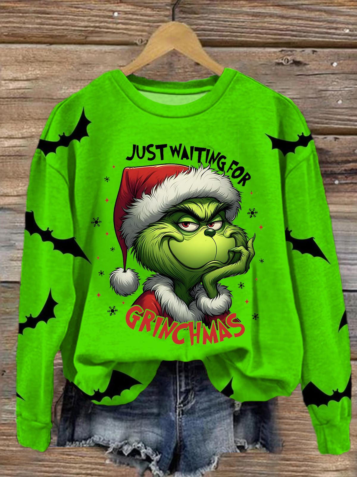 Women's A Green Monster's Christmas Round Neck Long Sleeve Top