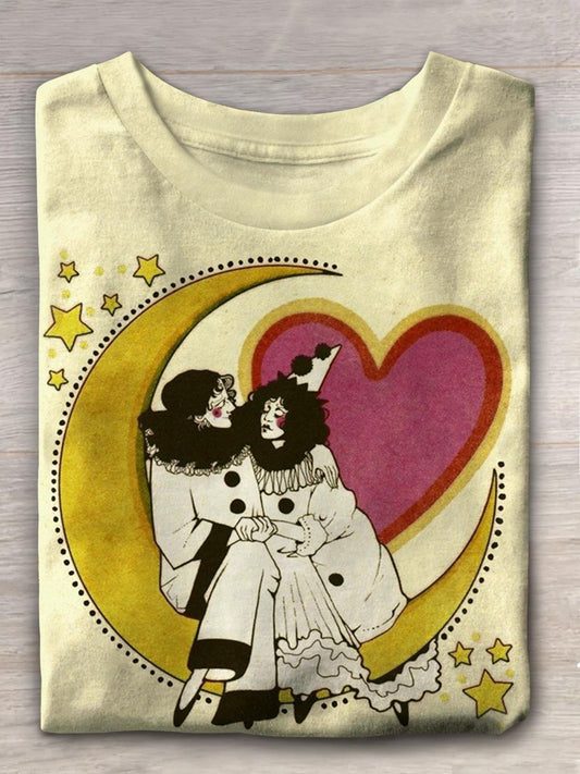 Women's Cute Clown Illustration Valentine's Day love Print Casual T-shirt