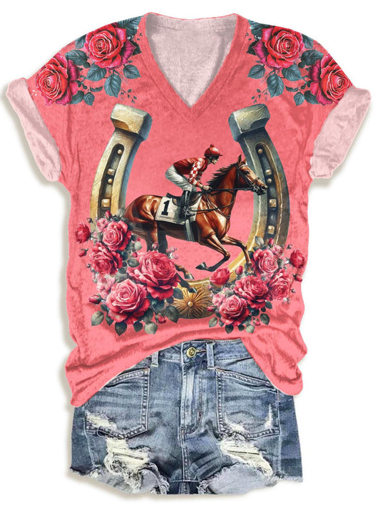 Rose Derby Day Print V-neck T-Shirt