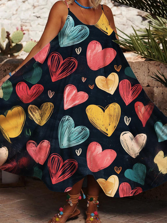 Women's Heart Shaped Hand Drawn Childlike Valentine's Day Print Casual Spaghetti Strap Dress