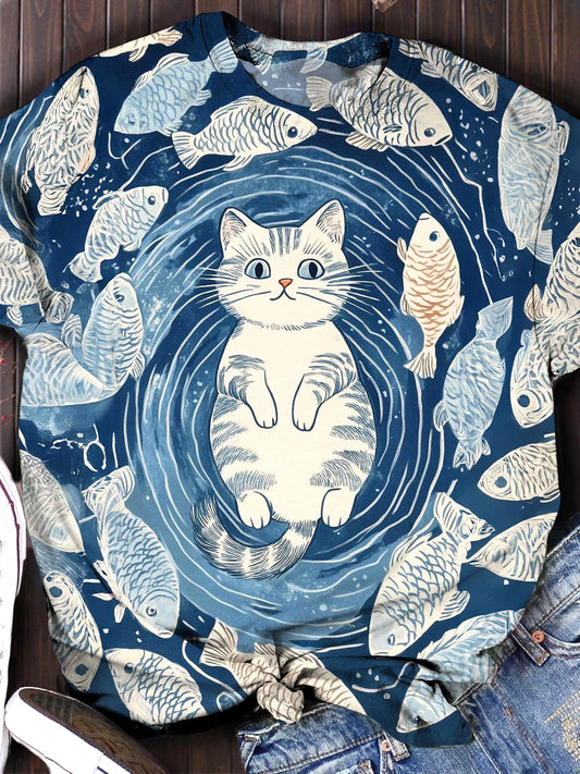 Cat And Fish Printed Crew Neck T-shirt