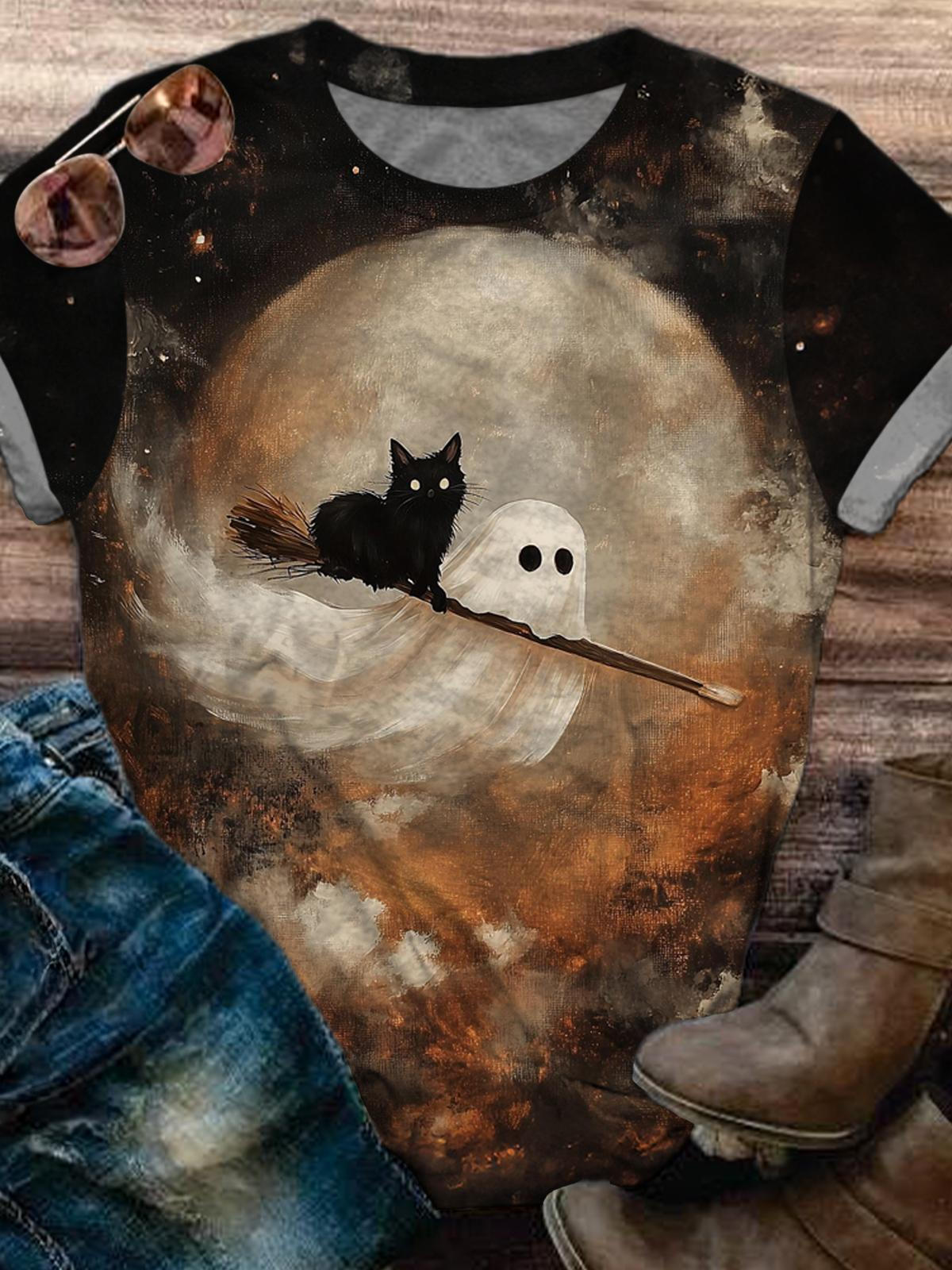 Women's Retro Dark Ghost Crew Neck T-shirt