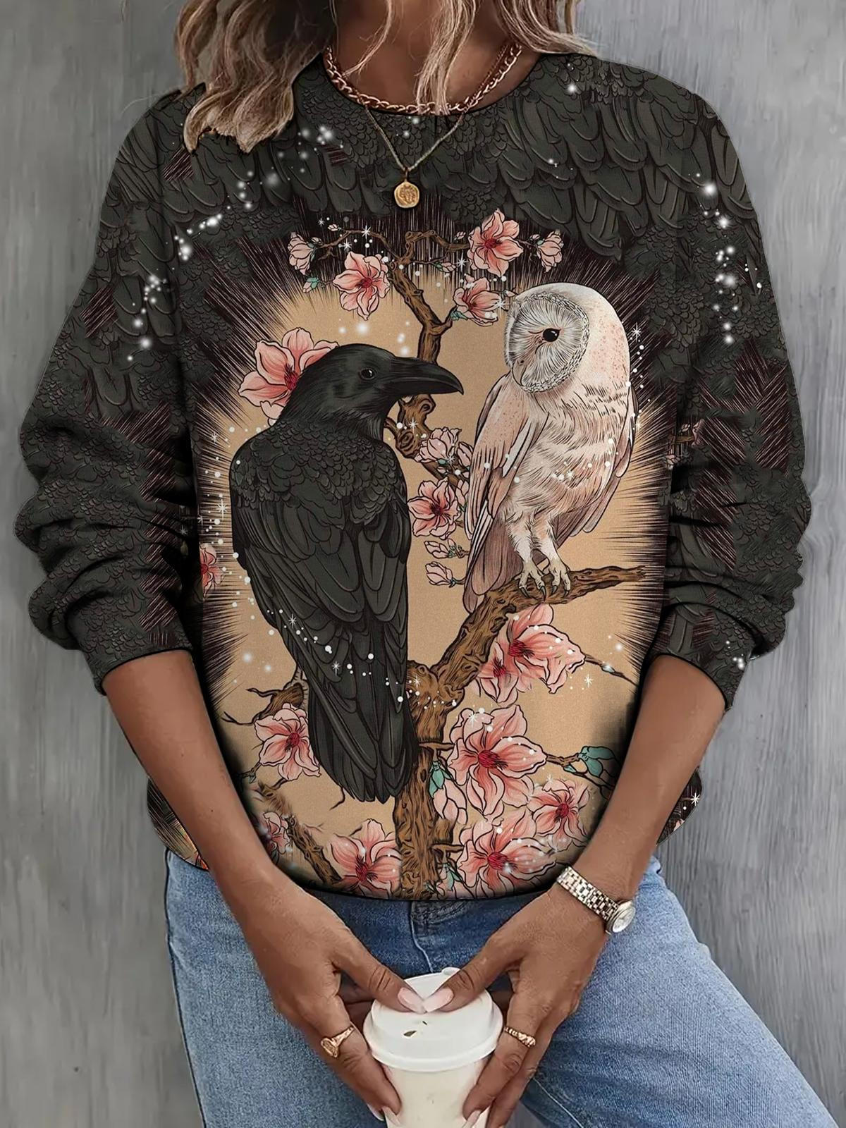 Women's Parrot Creative Feather Print Casual Round Neck Long Sleeve Top