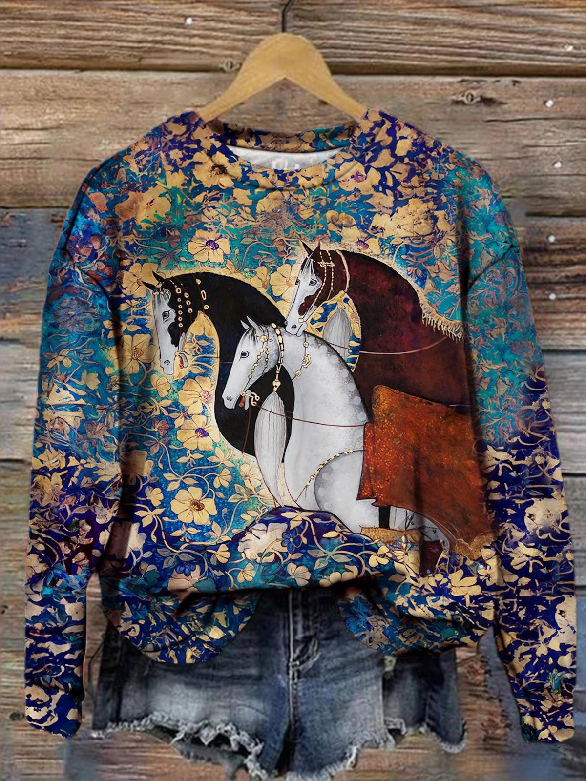 Women's Horse Art Floral Vintage Print Casual Long Sleeve Top