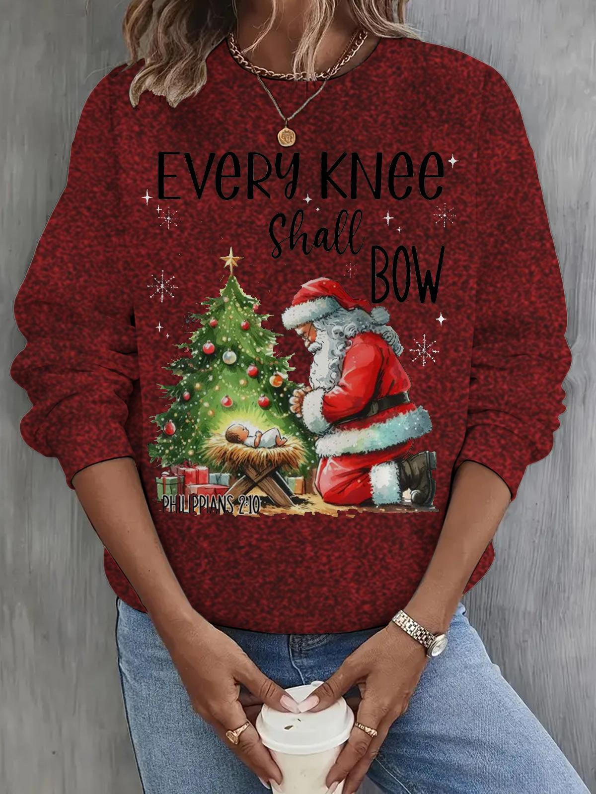 Santa Claus And Baby Jesus Beside The Christmas Tree Printed Long Sleeve Casual Top