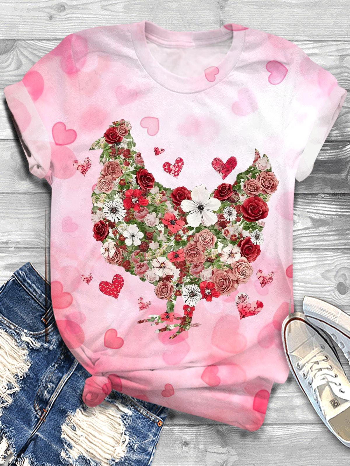 Pink Floral Chicken Valentines Crew Neck T-shirt