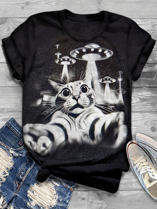 Terrorist Cat UFO Space Object Print Casual T-shirt