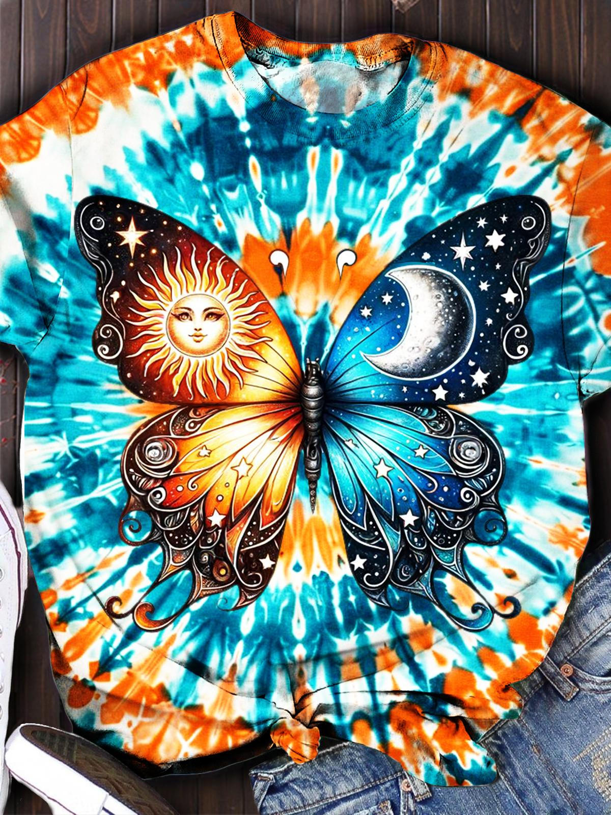 Star and Moon Butterfly Print Tie Dye Top