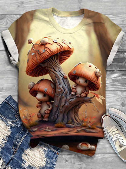 Cute Mushroom Print Crew Neck T-shirt