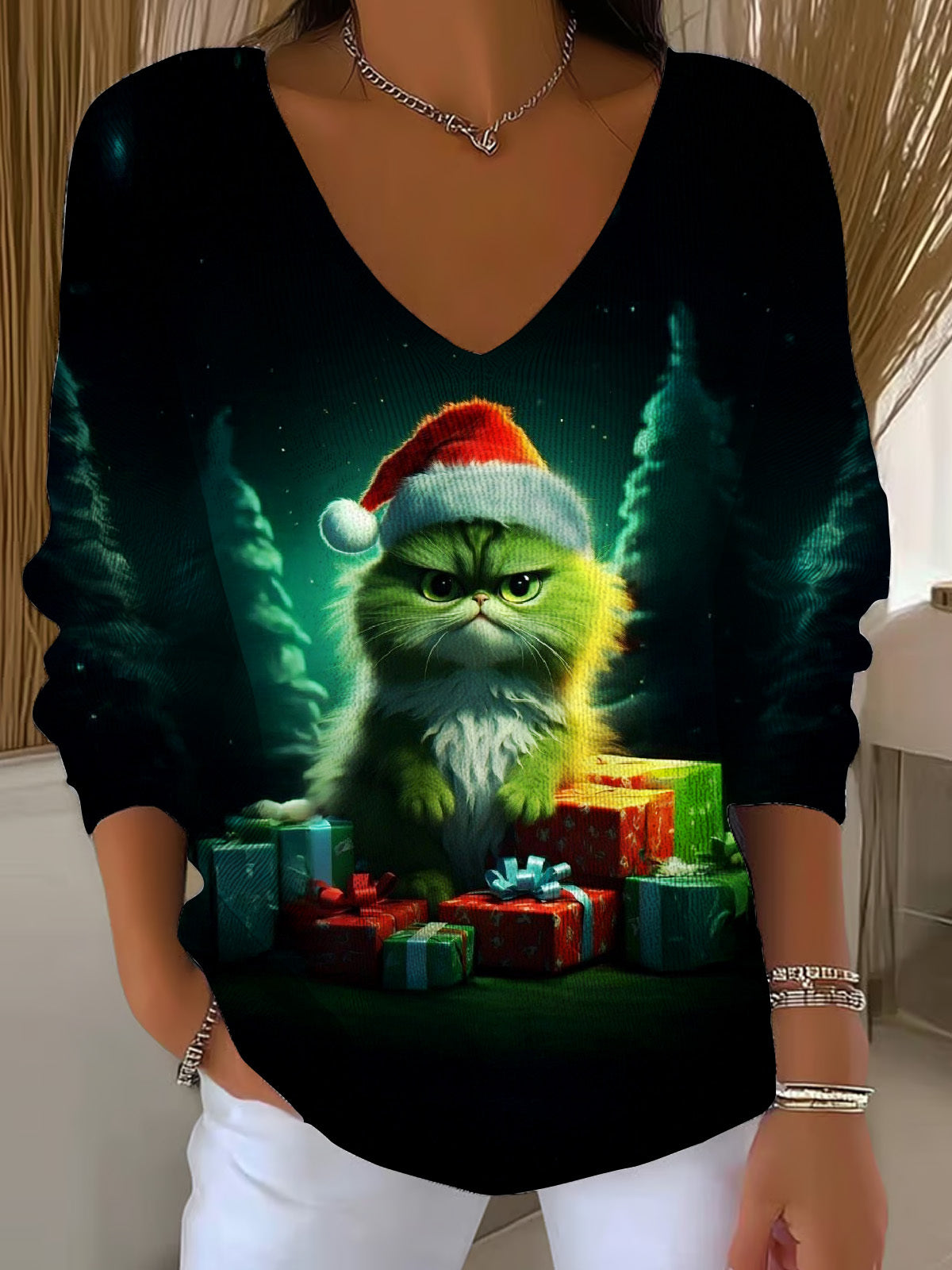 Christmas Grinch Casual V Neck Pullover Sweater