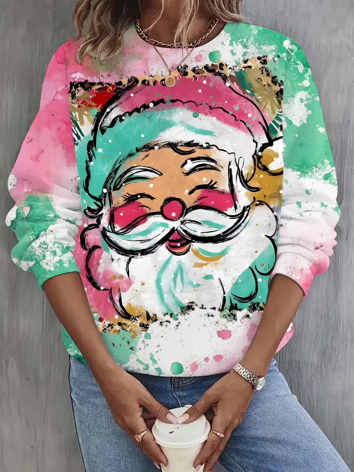 Preppy Brushstroke Santa Claus Printed Long Sleeve Casual Top