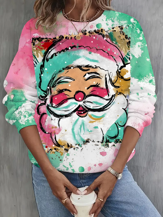 Preppy Brushstroke Santa Claus Printed Long Sleeve Casual Top