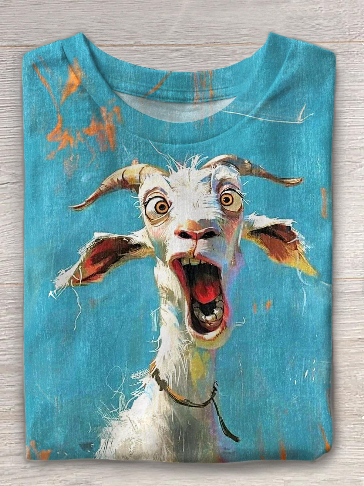 Retro Scared Goat Print Crew Neck T-shirt