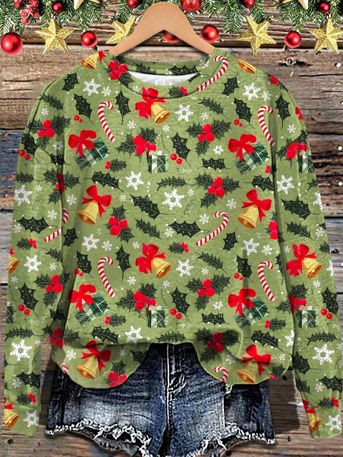 Women's Christmas Winter Blue Printed Long Sleeve Casual Top