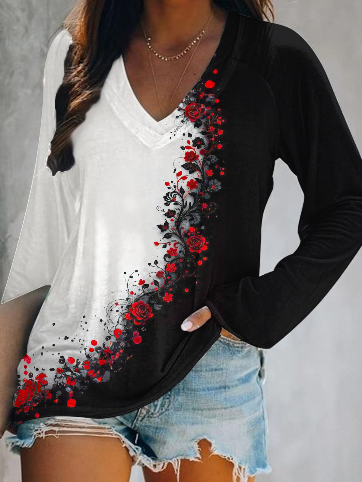 Gothic Rose Print V-Neck Long Sleeve Top
