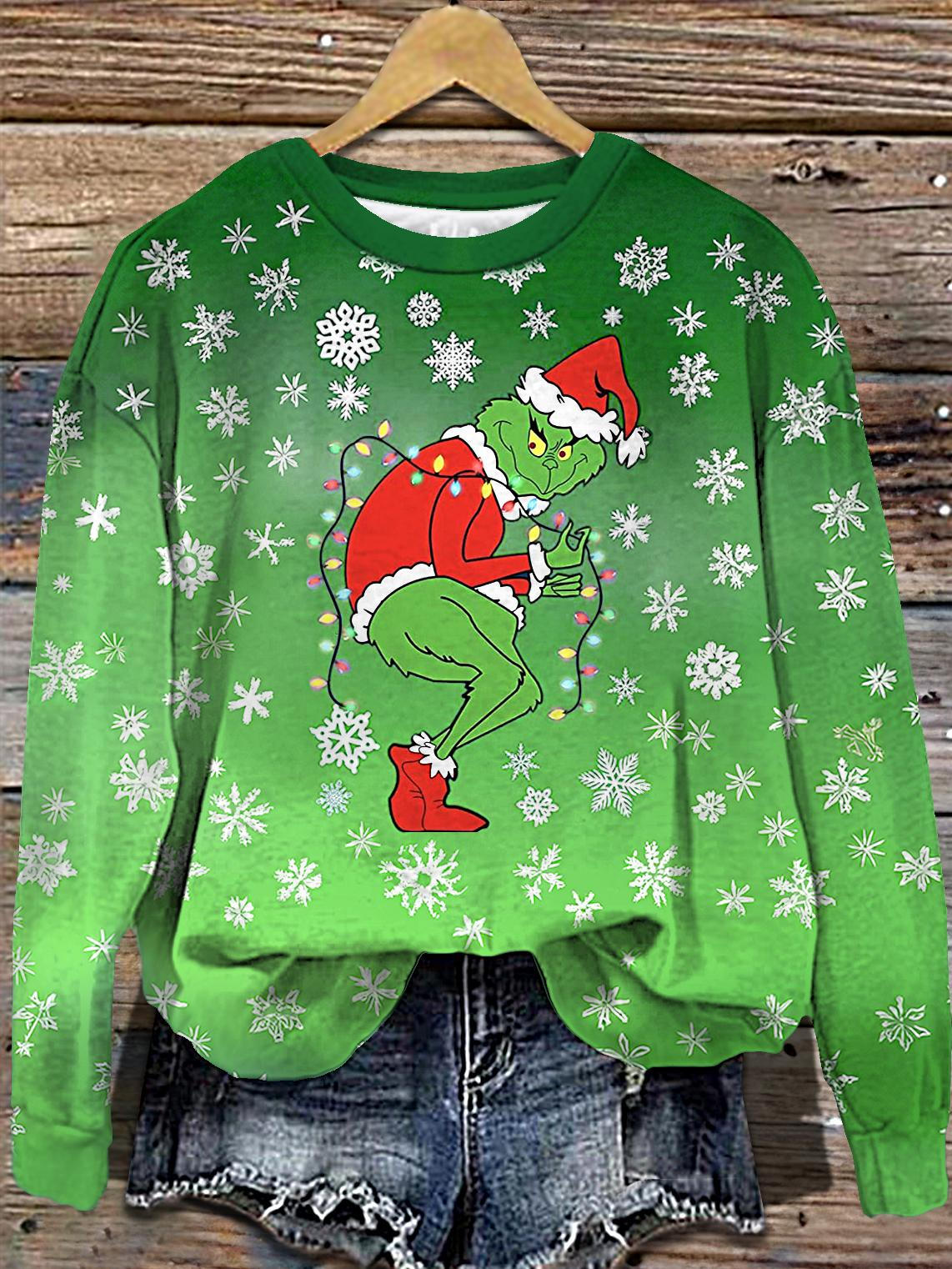 Women's Christmas Snowflake Green Trickortreat Printed Long Sleeve Casual Top