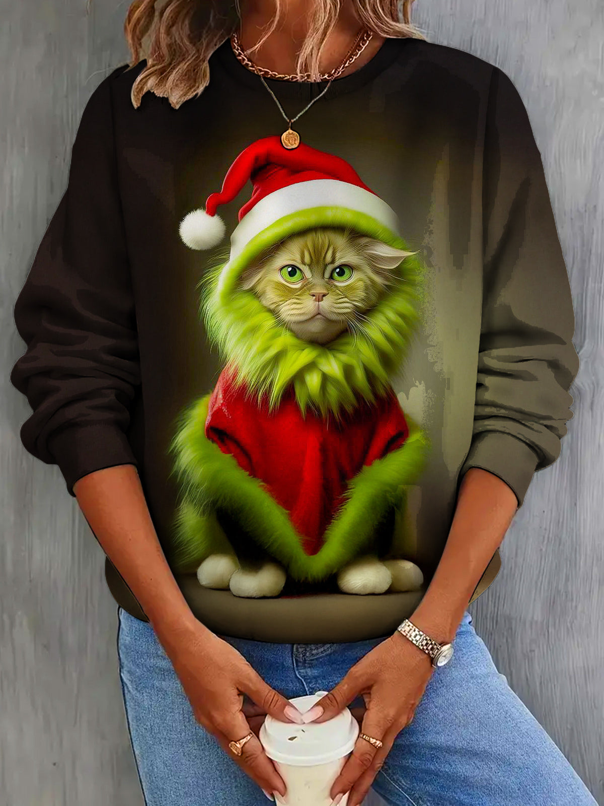 Women's Christmas Cat Character Print Long Sleeve Top