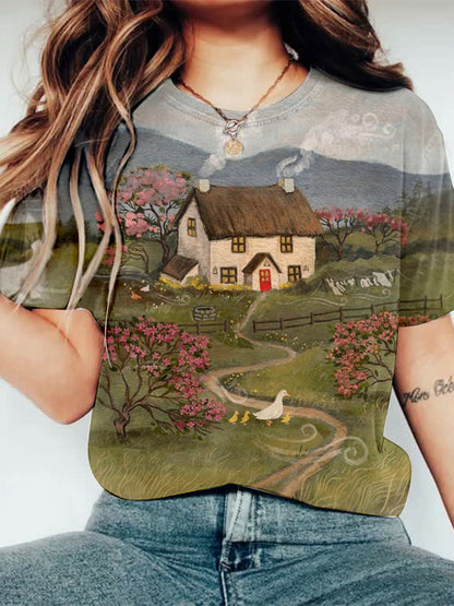 Retro Spring Scenery Print Crew Neck T-shirt