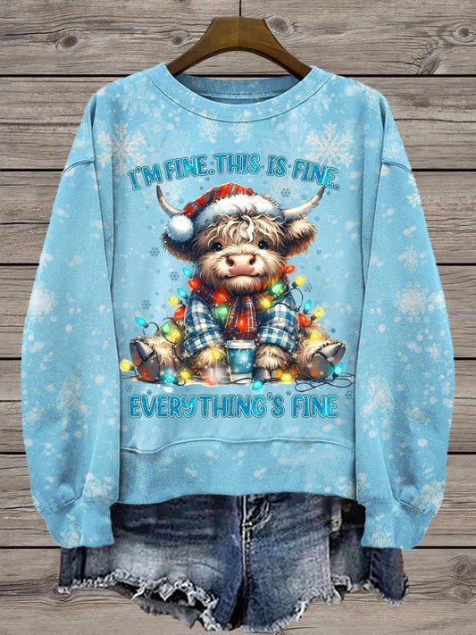 Cute Animals Highland Cow Christmas Print Long Sleeve Casual Top