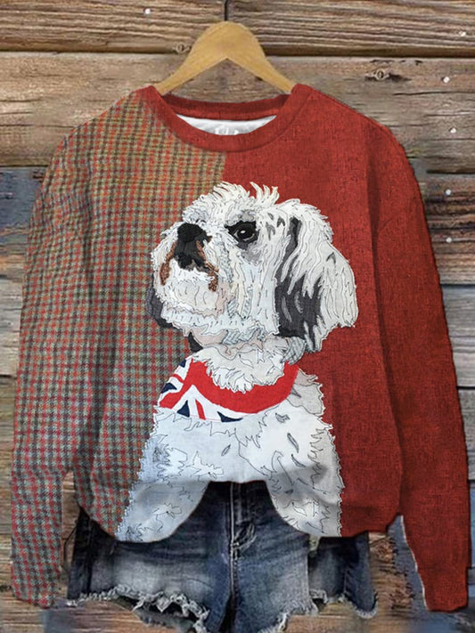 Women's Cute Puppy Faux Fabric Print Long Sleeve Top