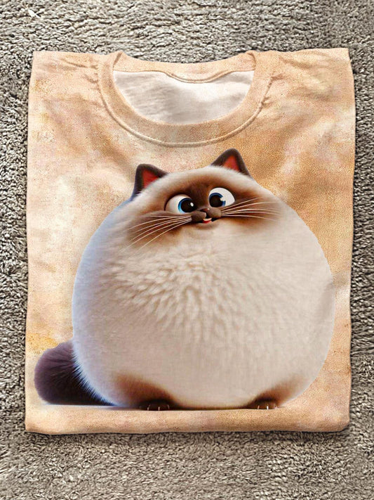 Cute Cotton Ball Cat Print Crew Neck T-shirt