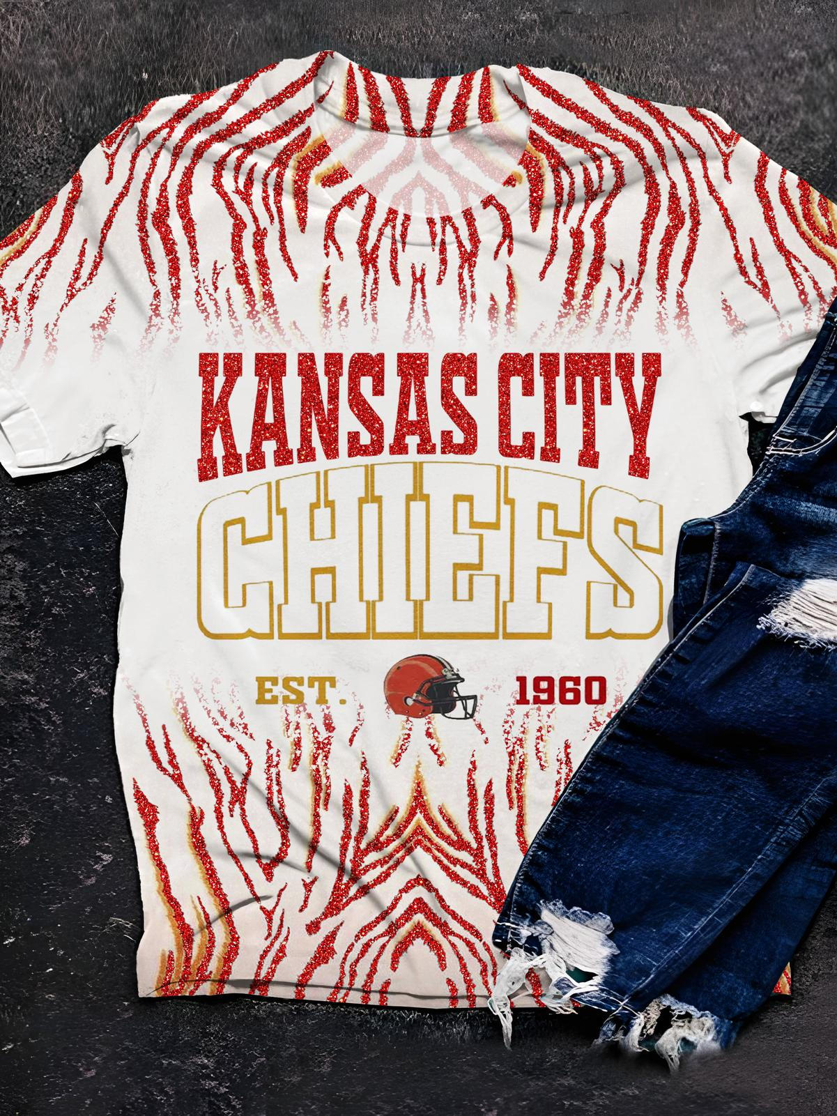 Retro Flames Kansas Team Print Crew Neck T-shirt