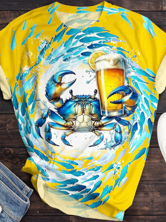 Creative Crab Print Crew Neck T-shirt