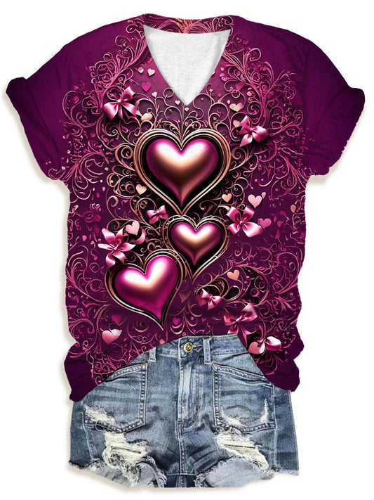 Heart Shaped Bow V-Neck T-Shirt