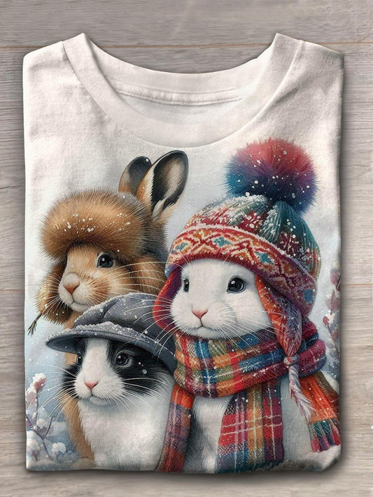 Women's Cute Bunny Winter Snow Scene Print T-shirt