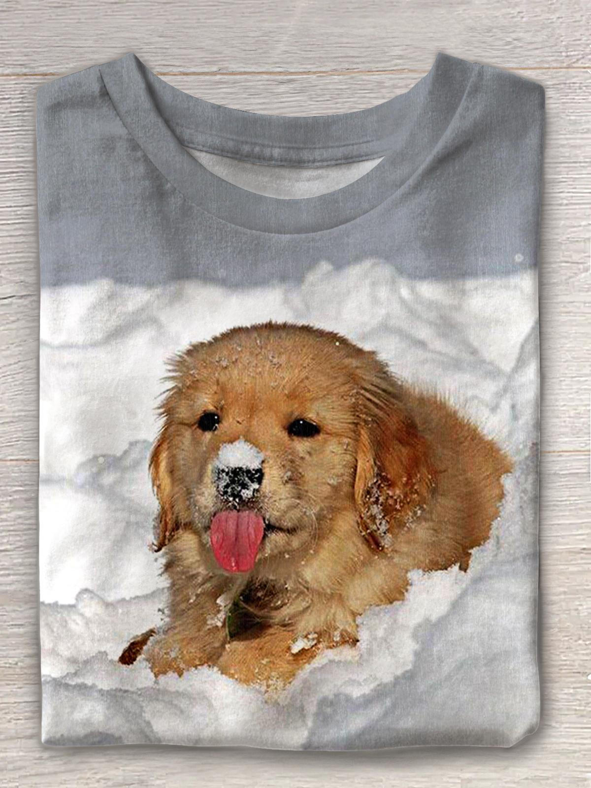 Cute Snow Puppy Print Crew Neck T-shirt