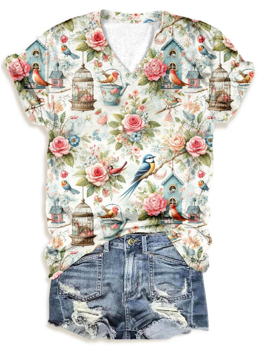 Vintage Flowers And Birds V-Neck T-Shirt