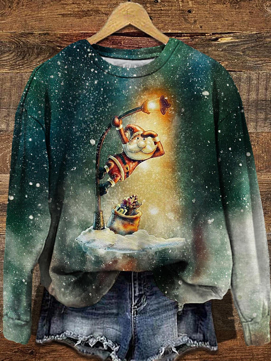 Women's Christmas Street Light Santa Claus Round Neck Long Sleeve Top