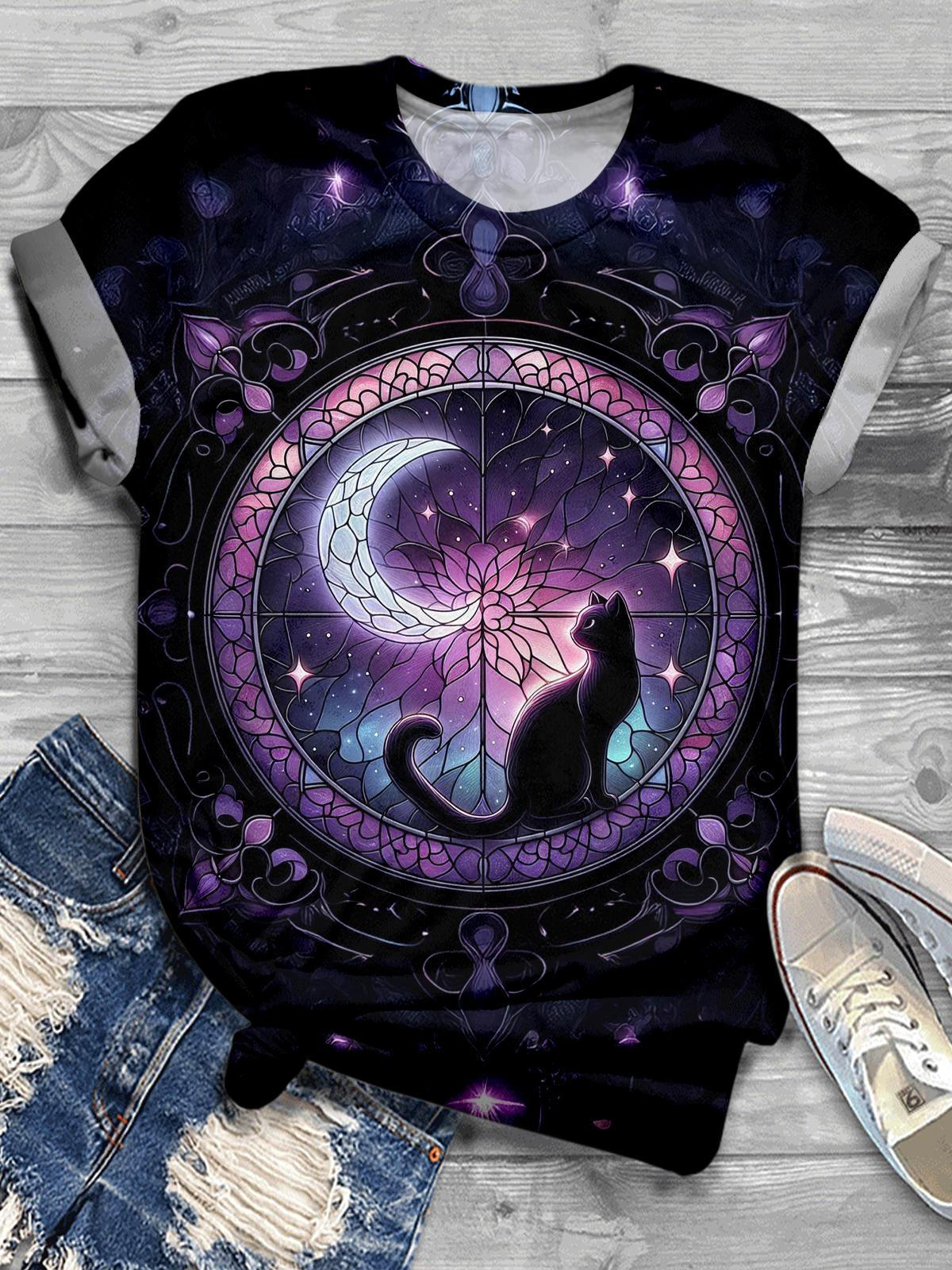 Women's Starry Sky Retro Cat Crew Neck T-shirt